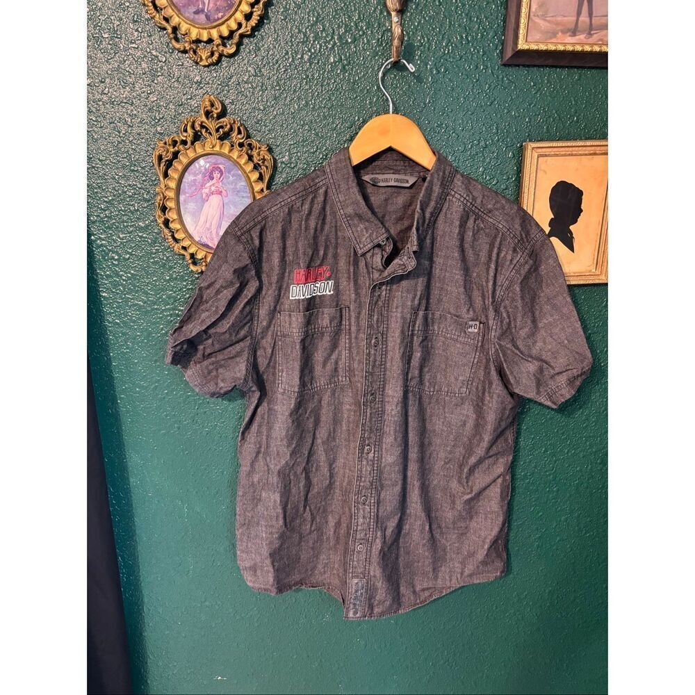 Harley Davidson Motorcycles Shirt XL Slim Gray Short Sleeve Button Down